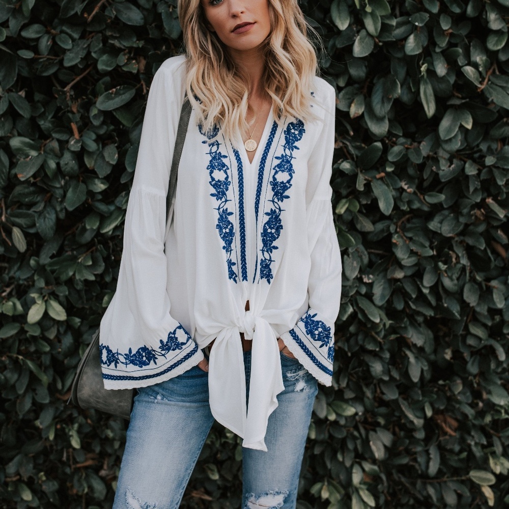 VICI Tea Shop Tie Top White and Blue Embroidered